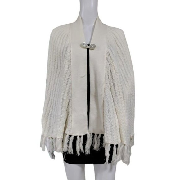 Vintage Open Arms Trim Hem Knit Button Front Shawl Sweater Off White Women's - Picture 3 of 6